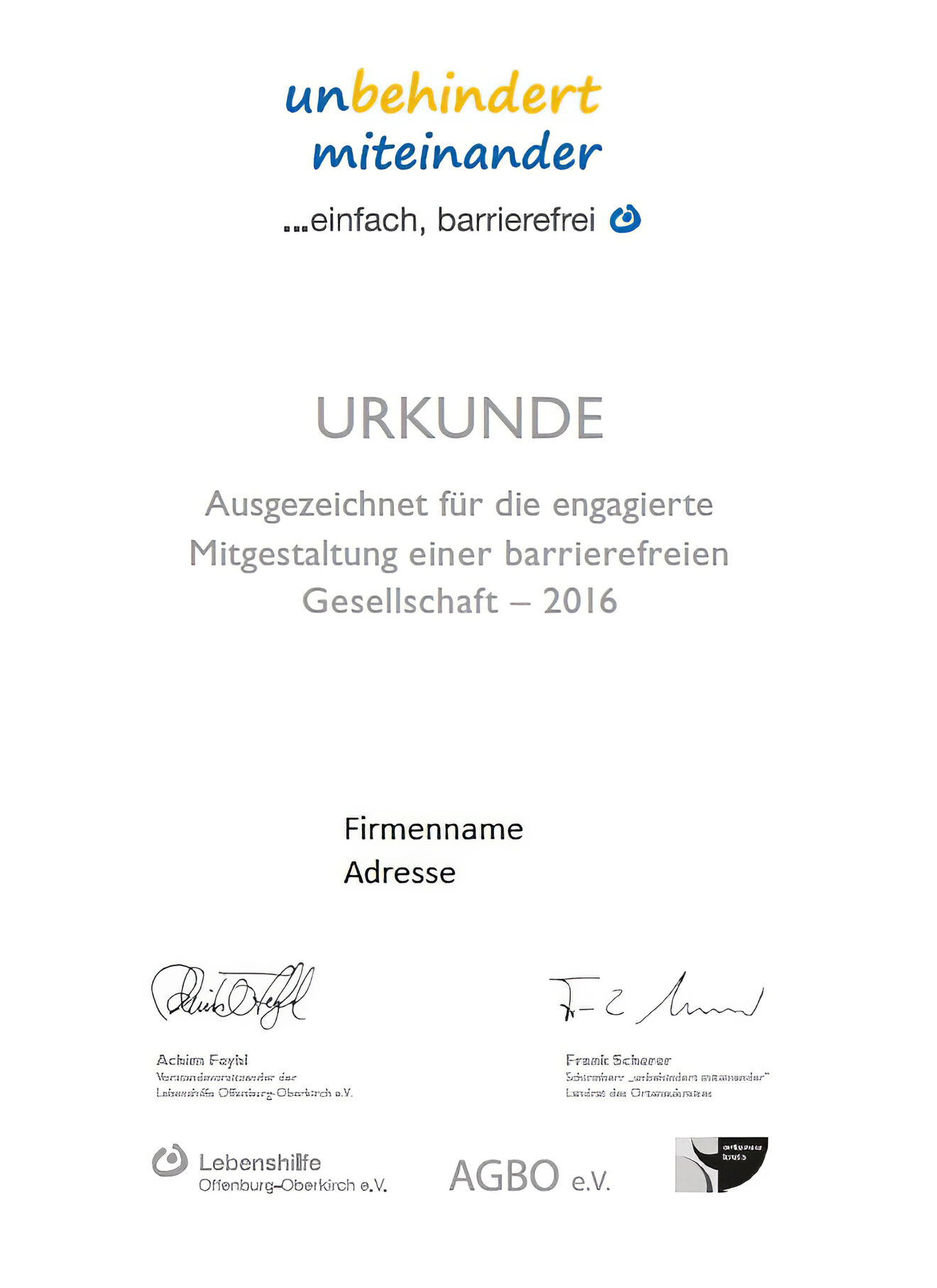 Urkunde Lebenshilfe Offenburg